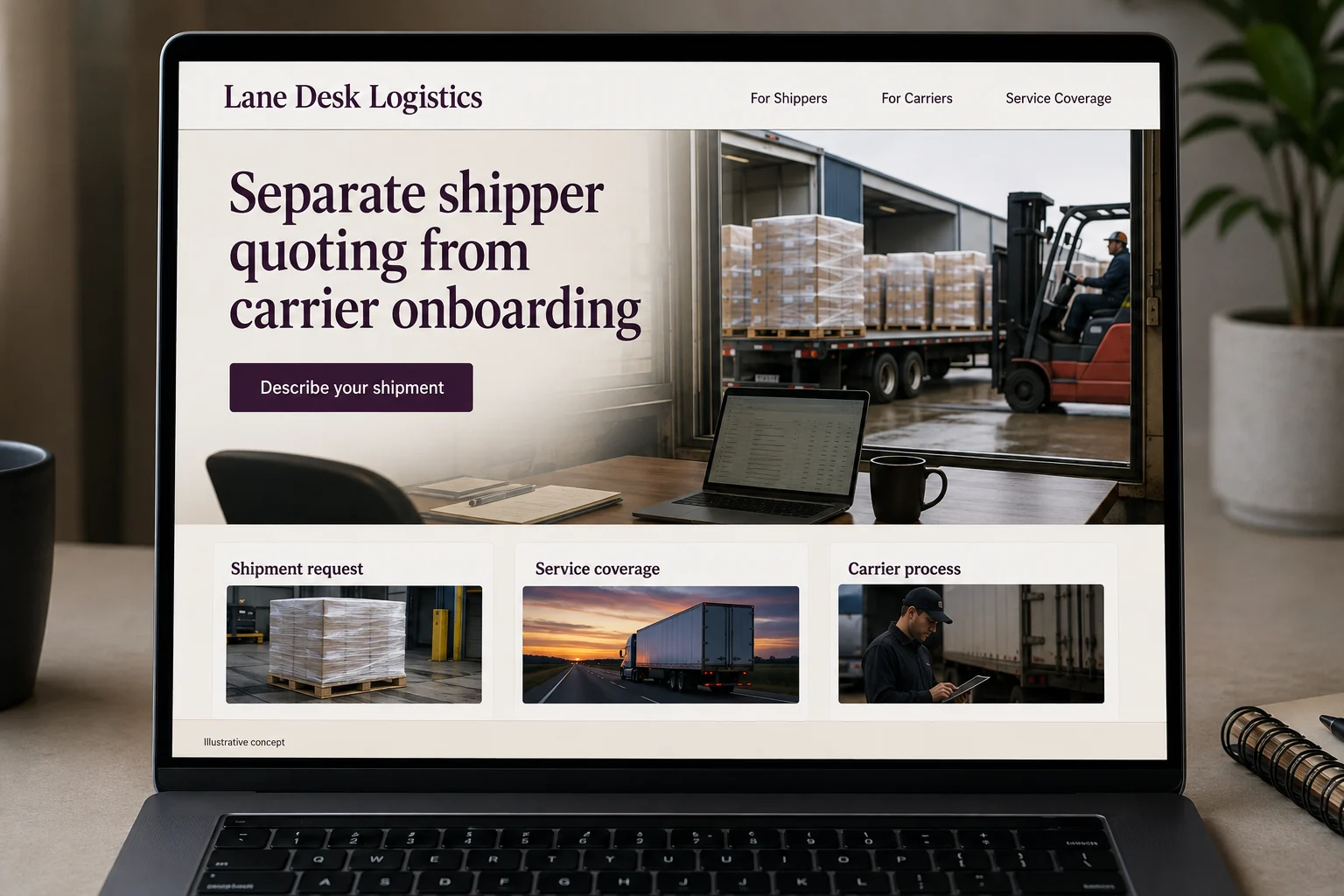 Freight Brokers website concept for Lane Desk Logistics: Separate shipper quoting from carrier onboarding