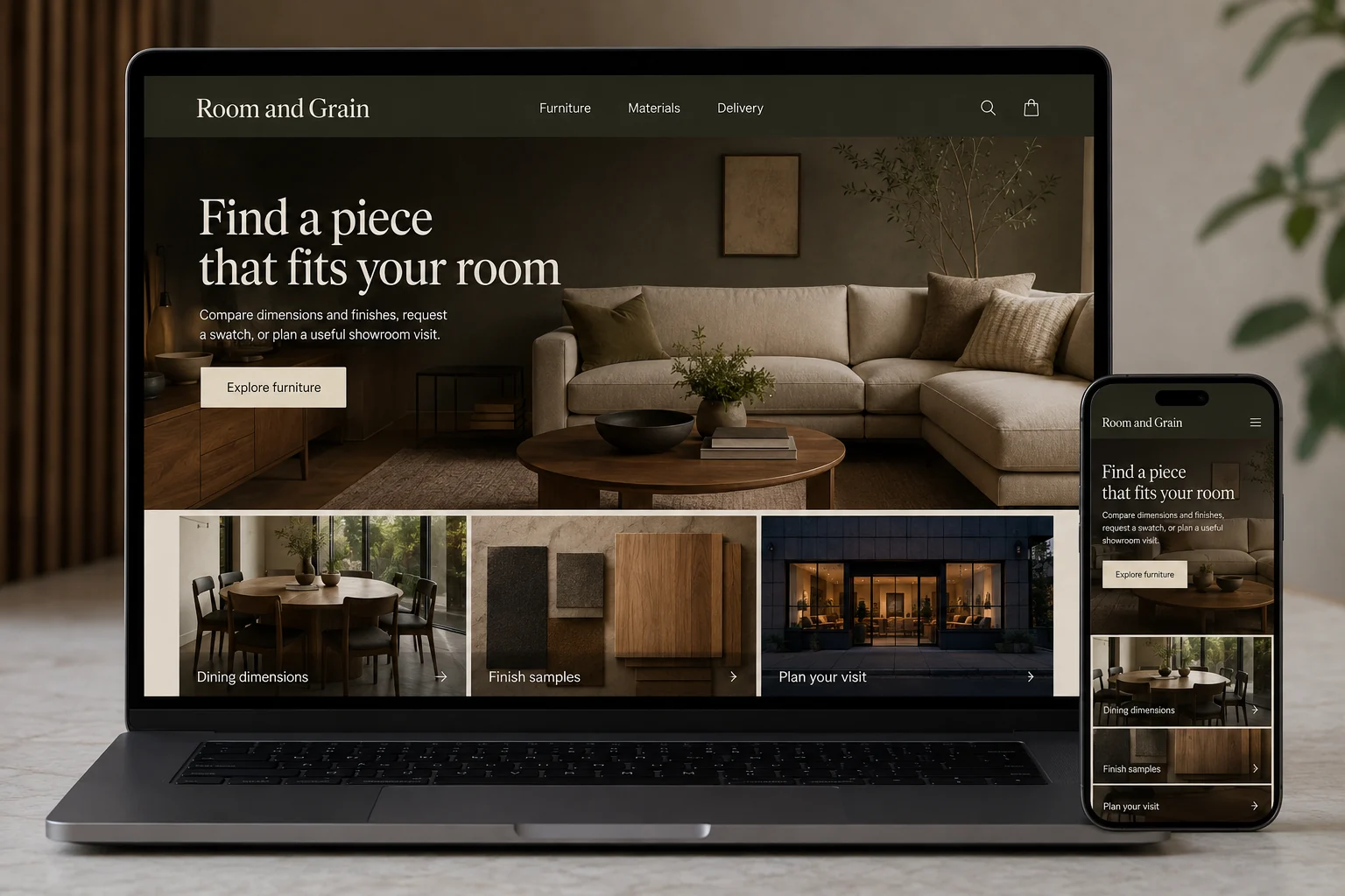 Furniture Stores website concept for Room and Grain: Find a piece that fits your room