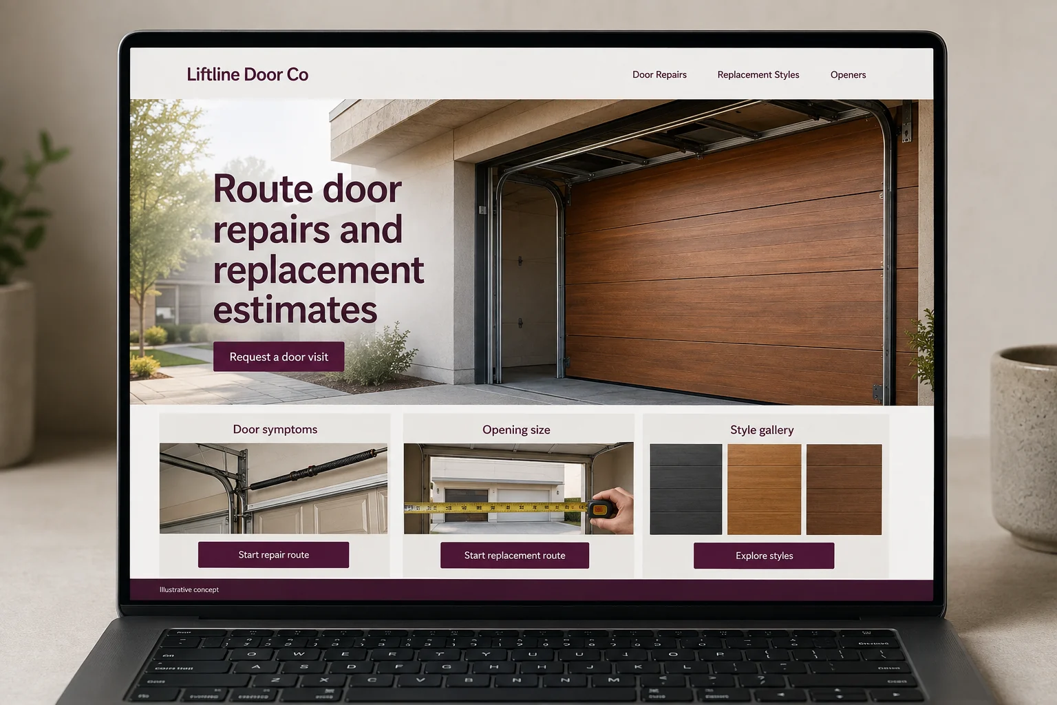 Garage Door Services website concept for Liftline Door Co: Route door repairs and replacement estimates