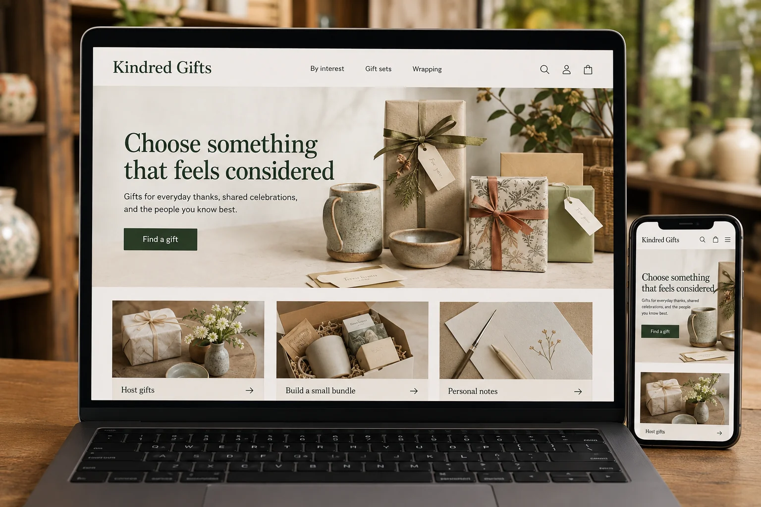 Gift Shops website concept for Kindred Gifts: Choose something that feels considered
