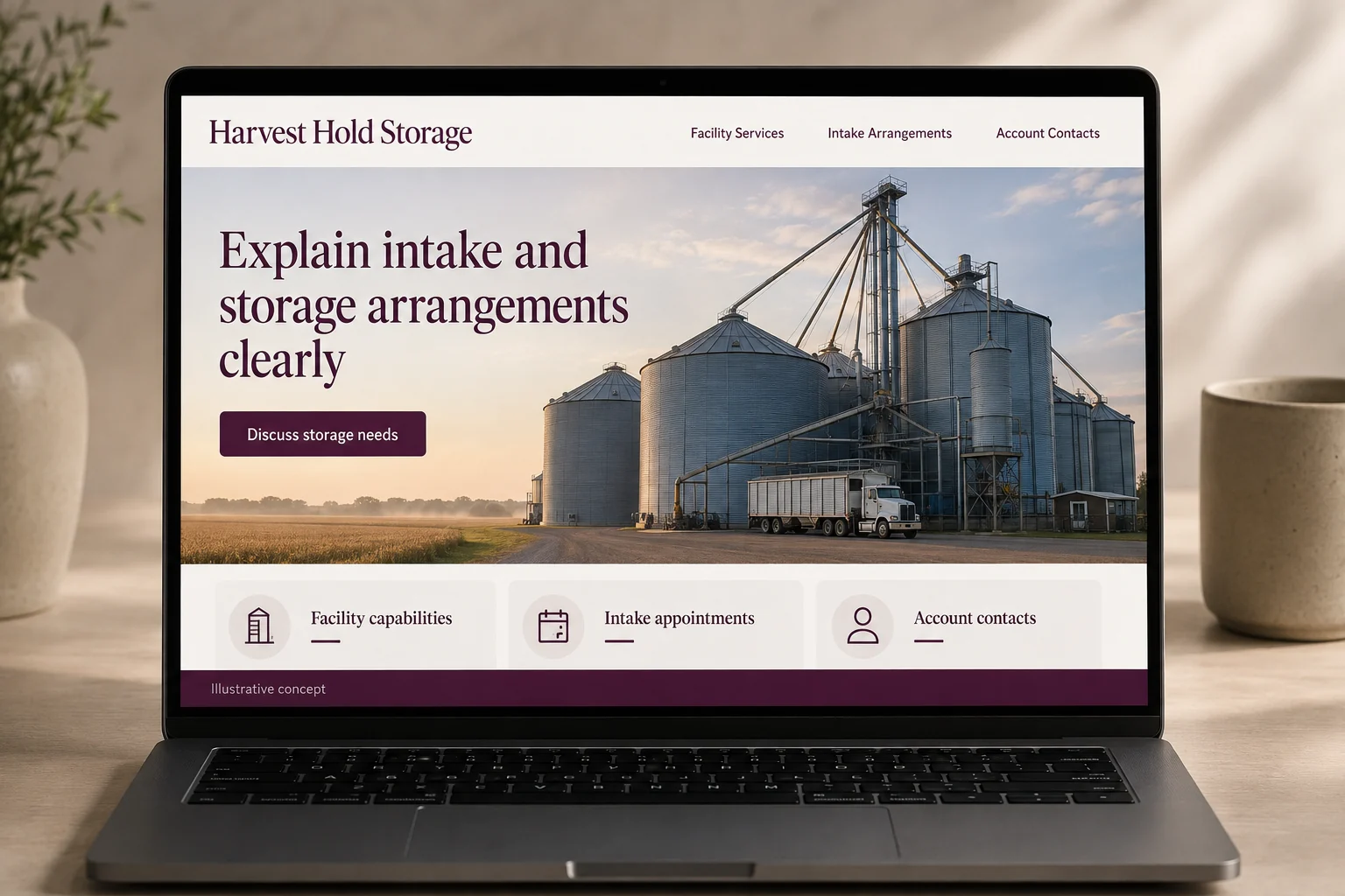 Grain Storage Services website concept for Harvest Hold Storage: Explain intake and storage arrangements clearly