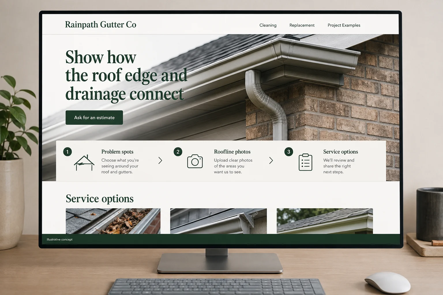 Gutter Services website concept for Rainpath Gutter Co: Show how the roof edge and drainage connect