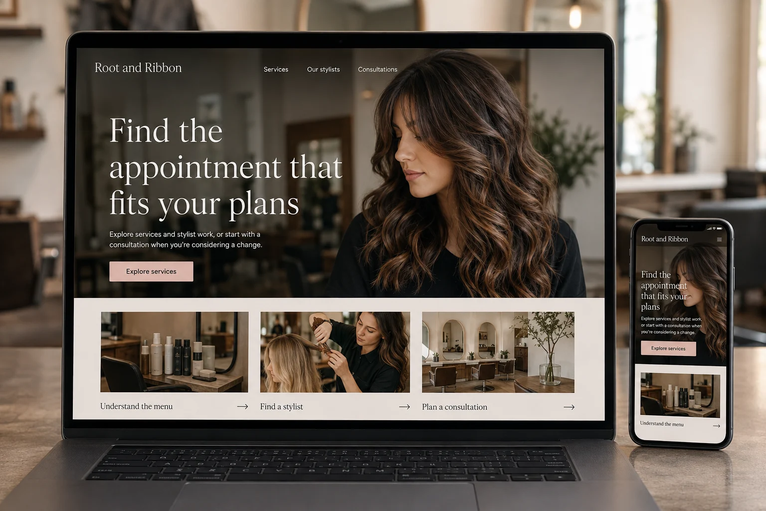 Hair Salons website concept for Root and Ribbon: Find the appointment that fits your plans