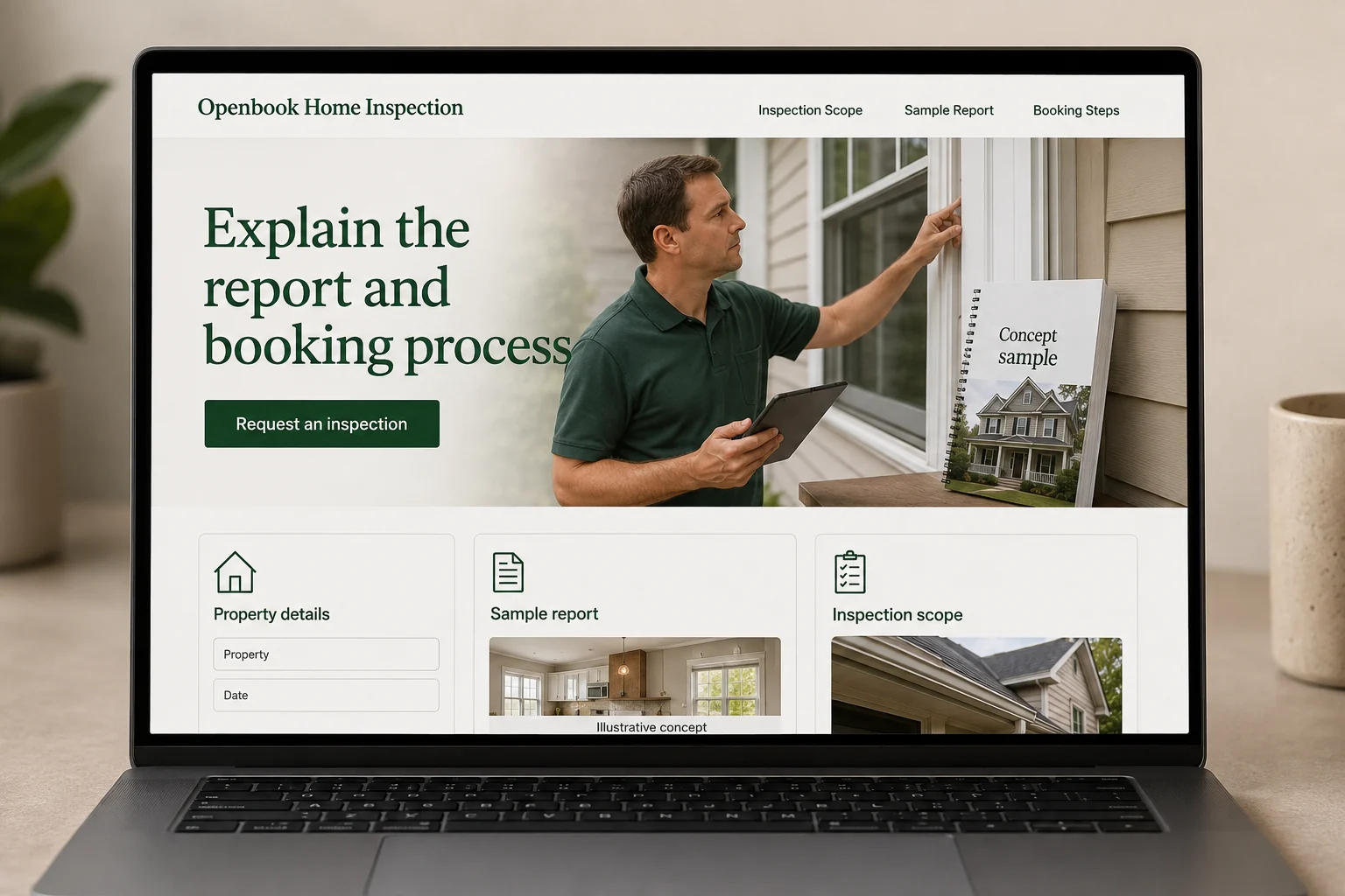 Home Inspectors website concept for Openbook Home Inspection: Explain the report and booking process