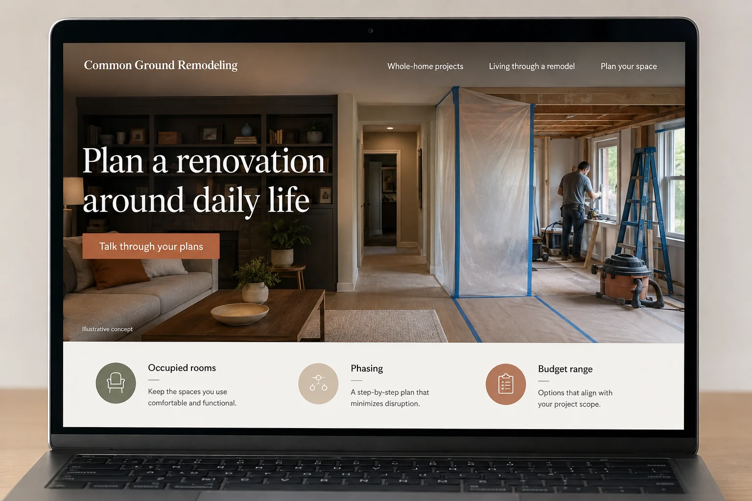 Home Remodeling website concept for Common Ground Remodeling: Plan a renovation around daily life