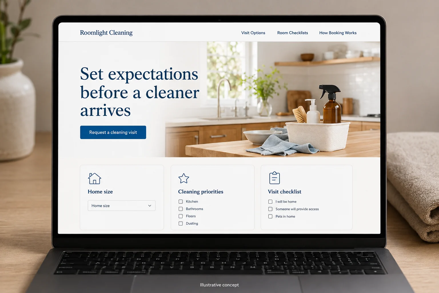 House Cleaning website concept for Roomlight Cleaning: Set expectations before a cleaner arrives