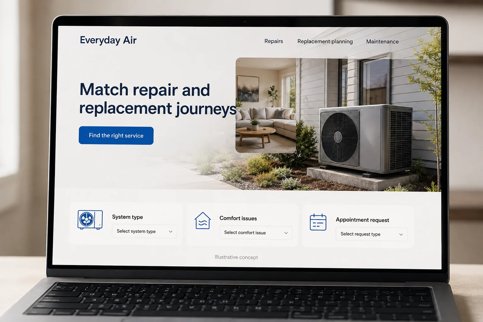 HVAC website concept for Everyday Air: Match repair and replacement journeys