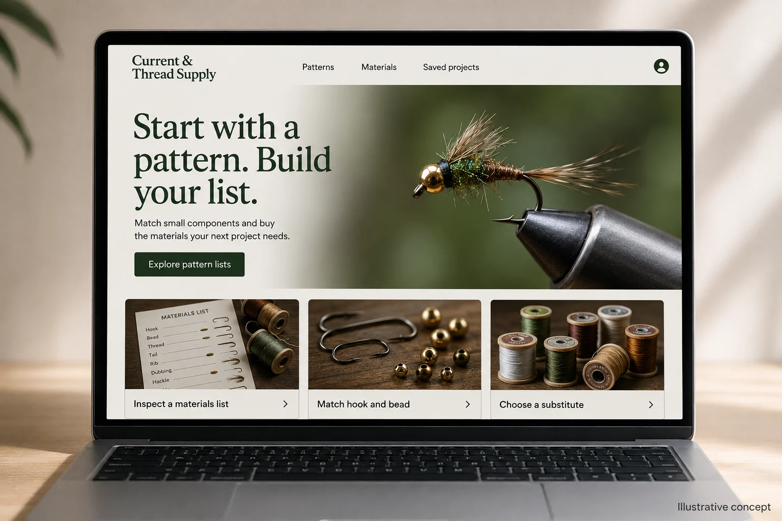 Idaho website concept for Current & Thread Supply: Start with a pattern. Build your list.
