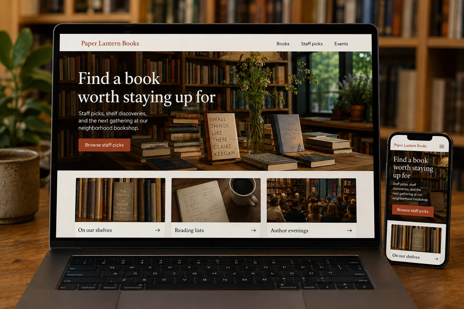 Independent Bookstores website concept for Paper Lantern Books: Find a book worth staying up for