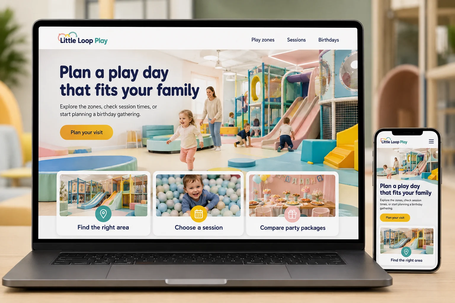 Indoor Play Centers website concept for Little Loop Play: Plan a play day that fits your family