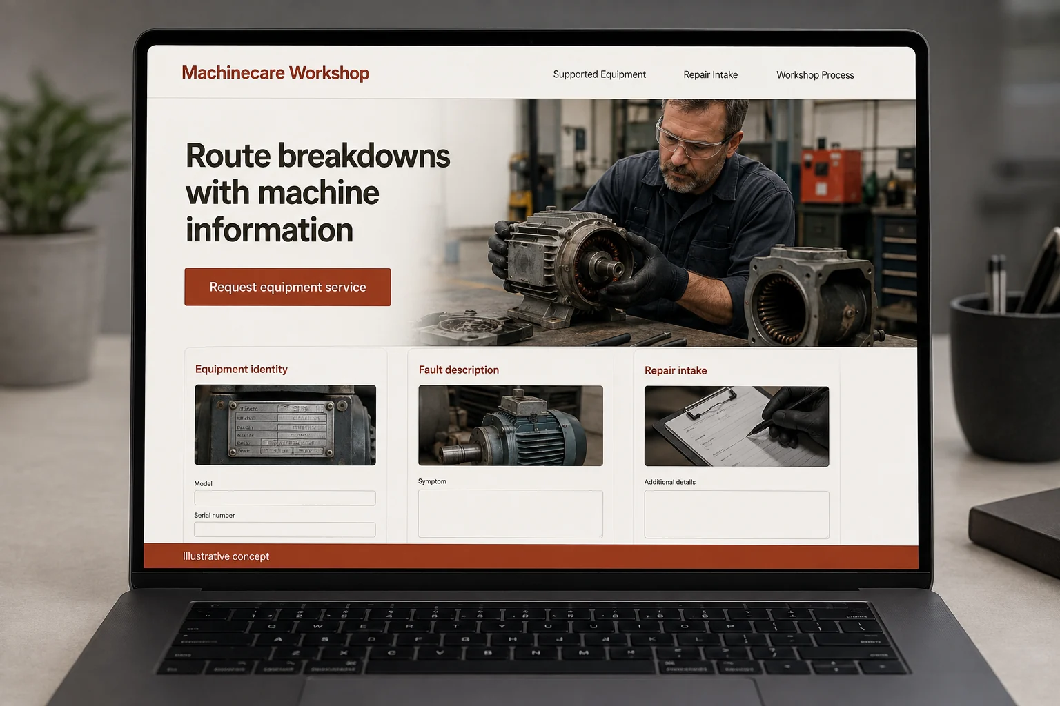 Industrial Equipment Repair website concept for Machinecare Workshop: Route breakdowns with machine information
