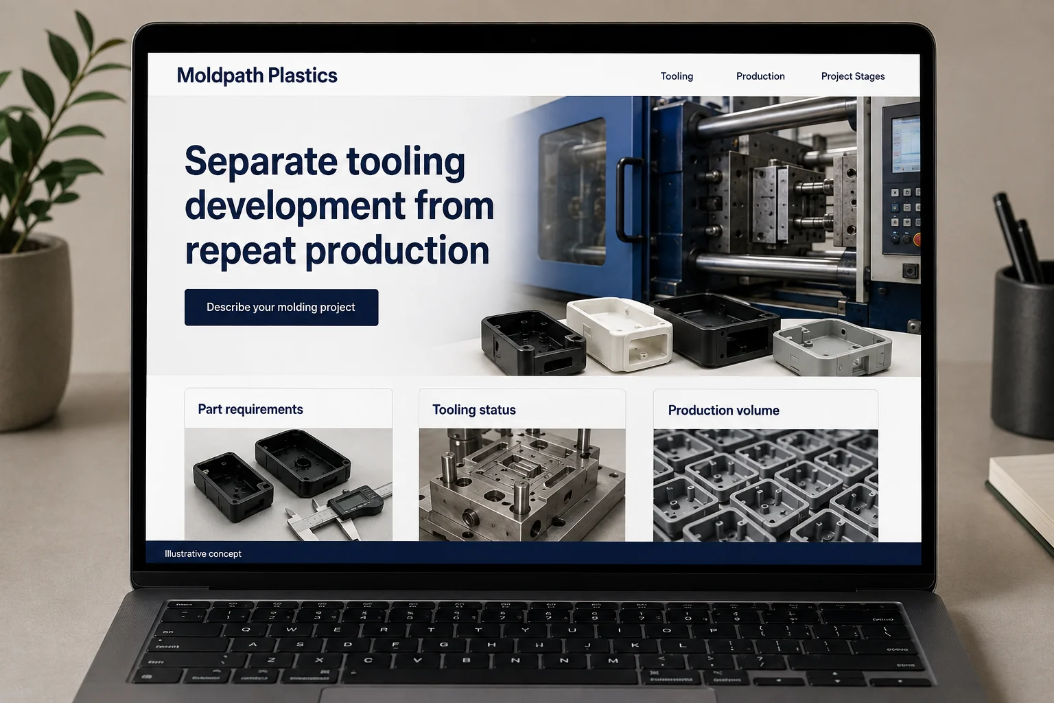 Injection Molding website concept for Moldpath Plastics: Separate tooling development from repeat production