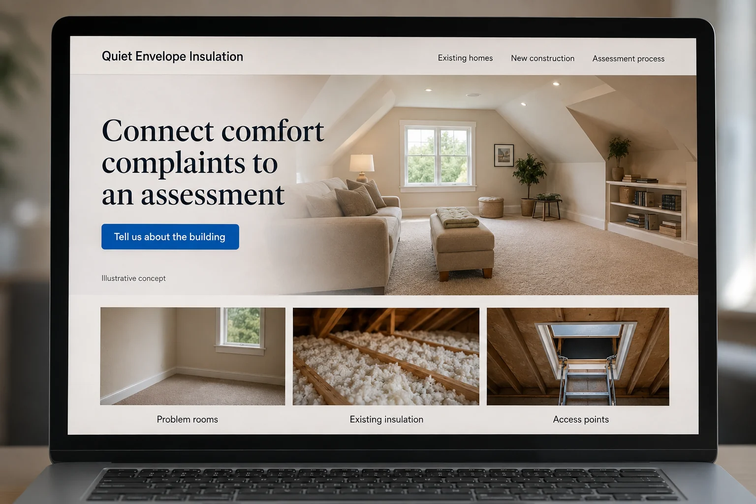 Insulation Contractors website concept for Quiet Envelope Insulation: Connect comfort complaints to an assessment