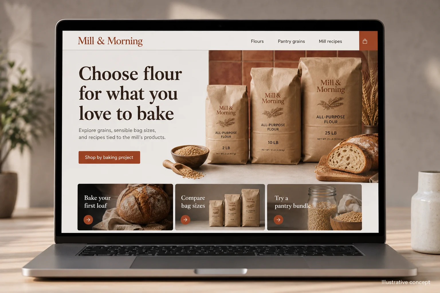 Iowa website concept for Mill & Morning: Choose flour for what you love to bake