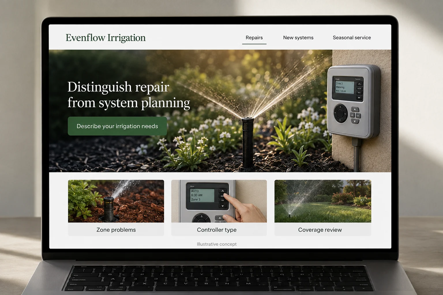 Irrigation website concept for Evenflow Irrigation: Distinguish repair from system planning