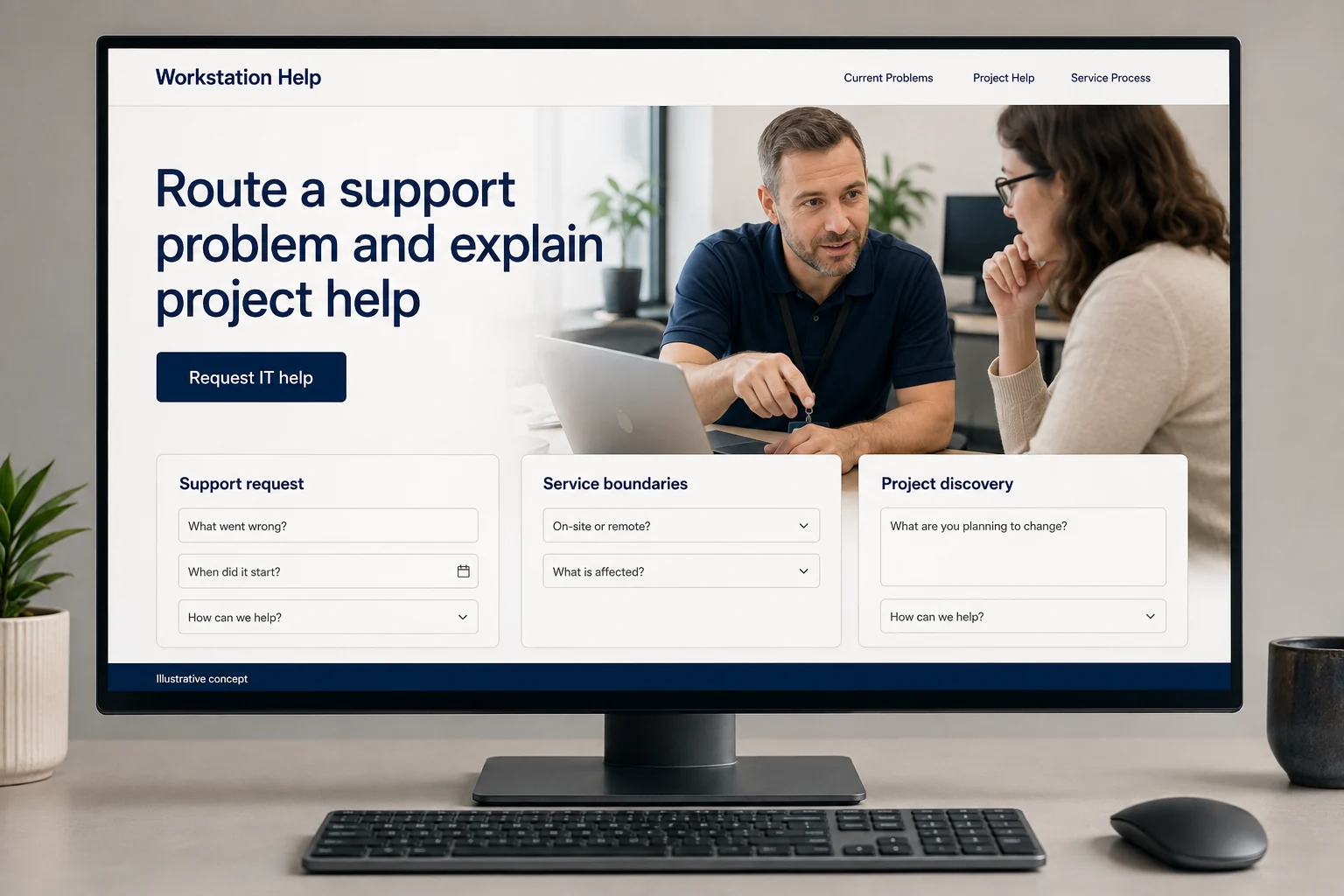 IT Support Companies website concept for Workstation Help: Route a support problem and explain project help