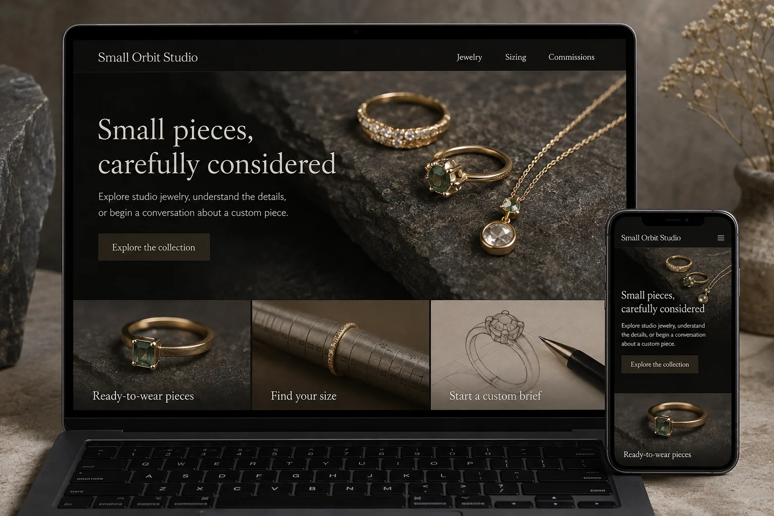 Jewelry Studios website concept for Small Orbit Studio: Small pieces, carefully considered