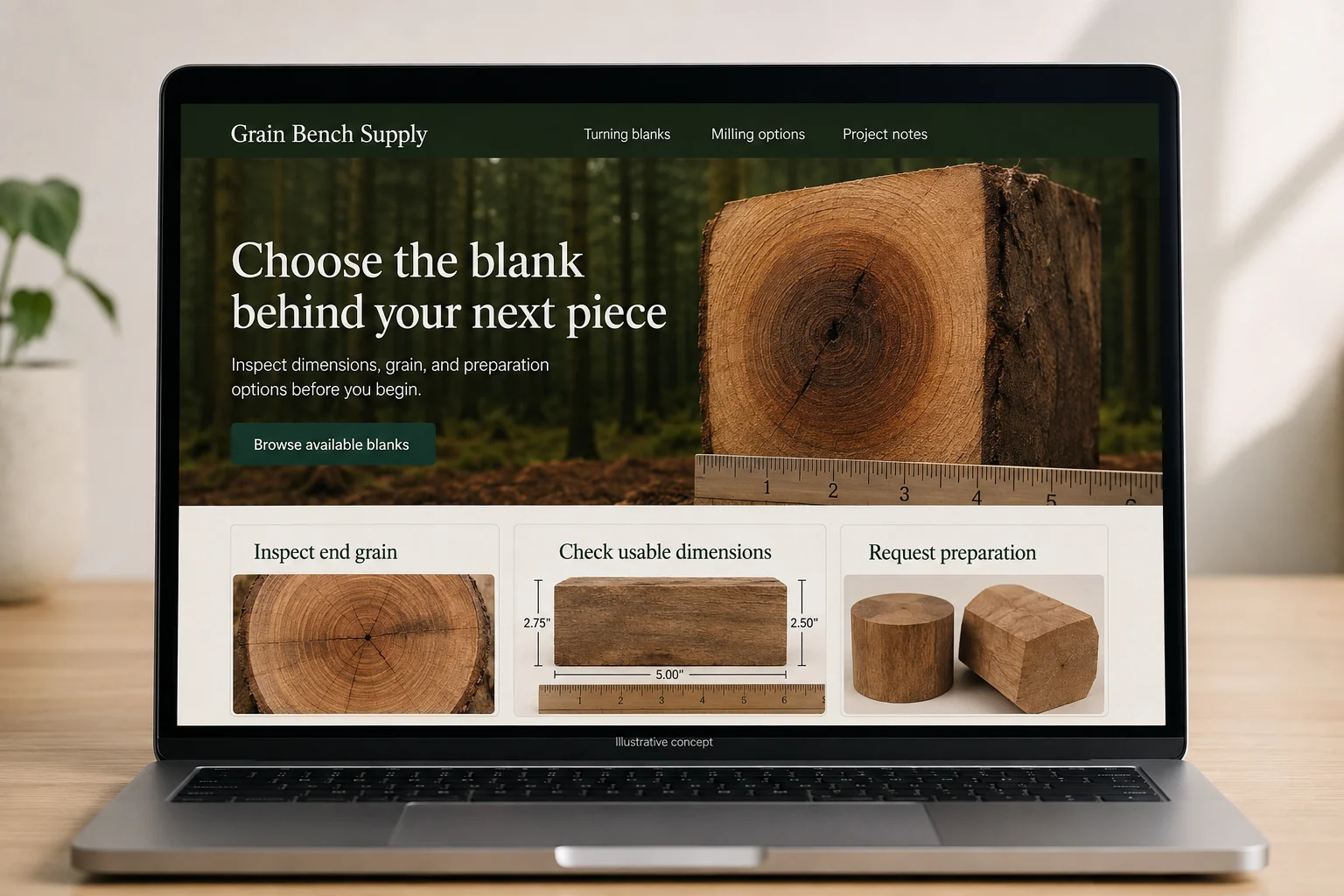Kentucky website concept for Grain Bench Supply: Choose the blank behind your next piece