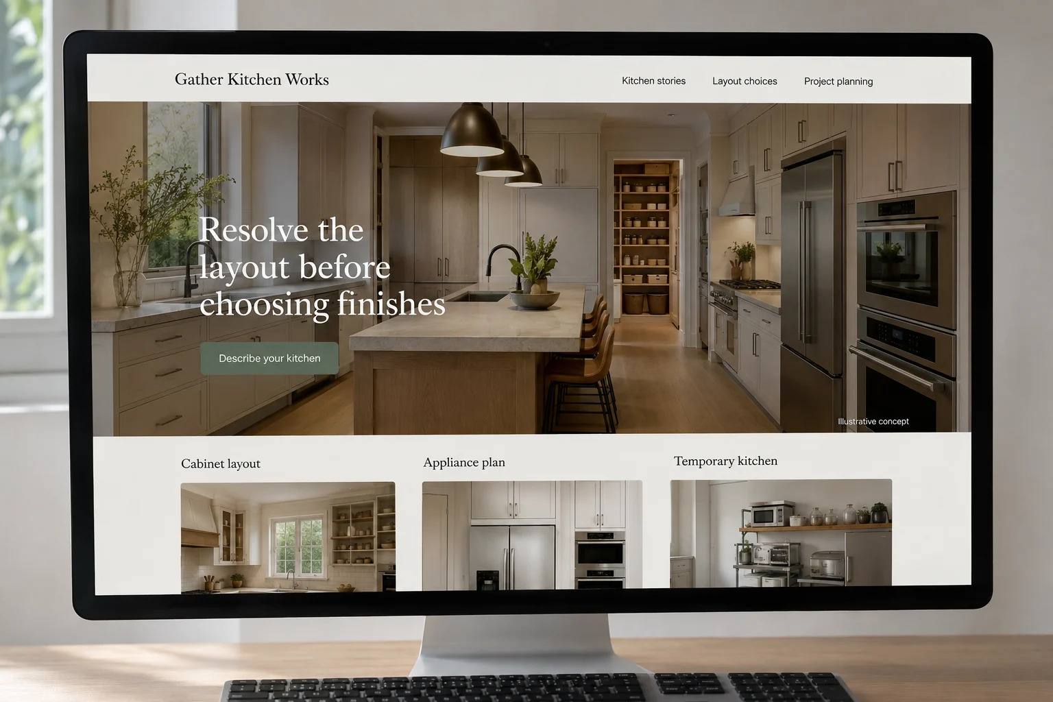 Kitchen Remodeling website concept for Gather Kitchen Works: Resolve the layout before choosing finishes