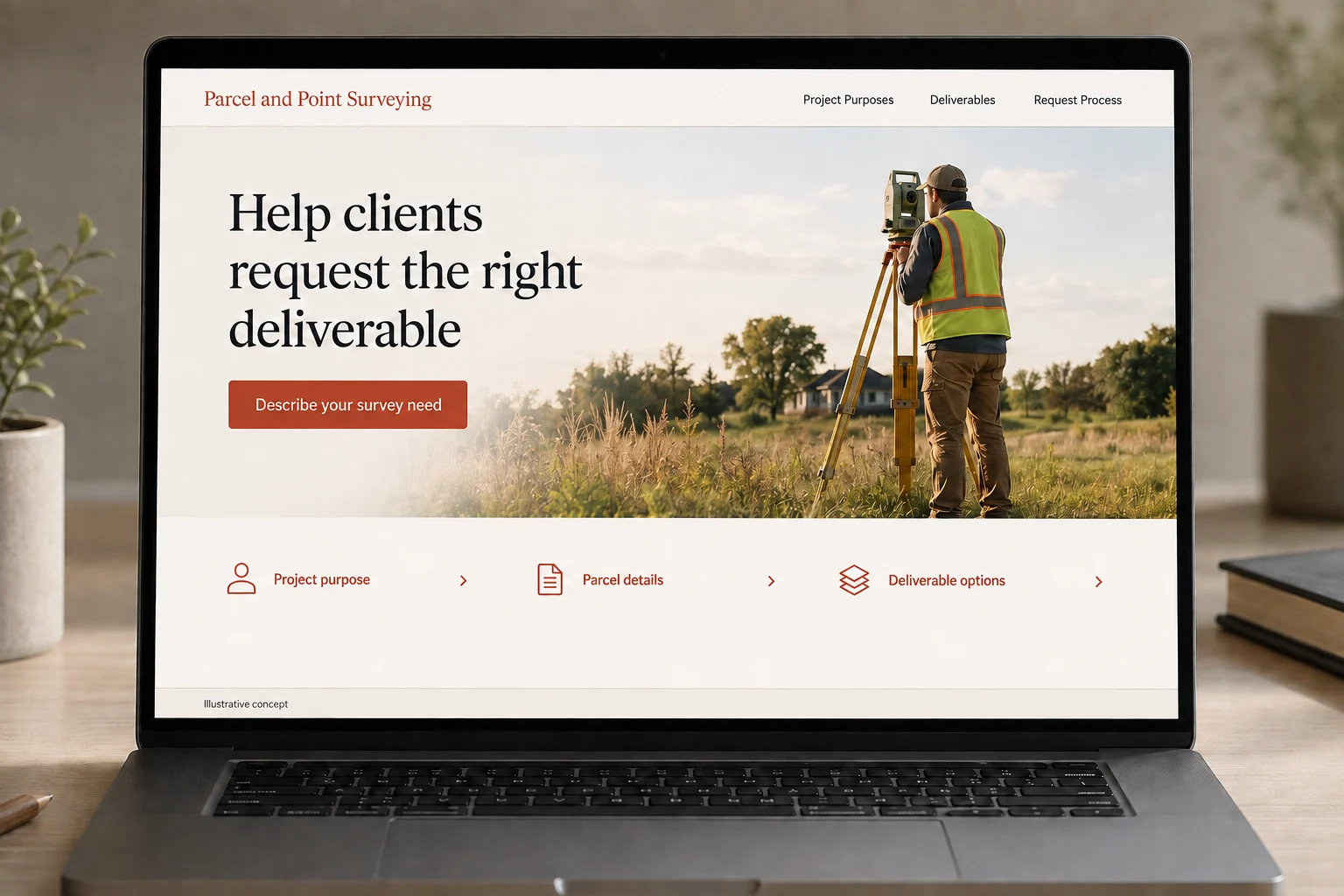 Land Surveyors website concept for Parcel and Point Surveying: Help clients request the right deliverable