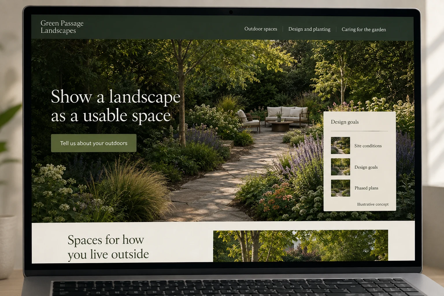 Landscaping website concept for Green Passage Landscapes: Show a landscape as a usable space