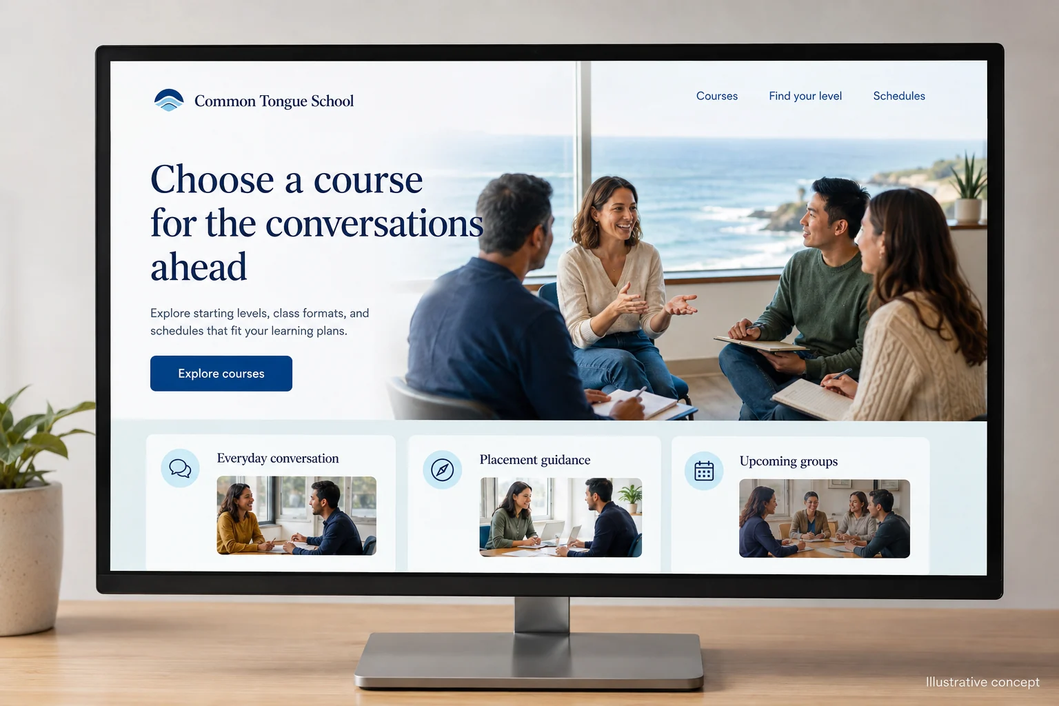 Language Schools website concept for Common Tongue School: Choose a course for the conversations ahead