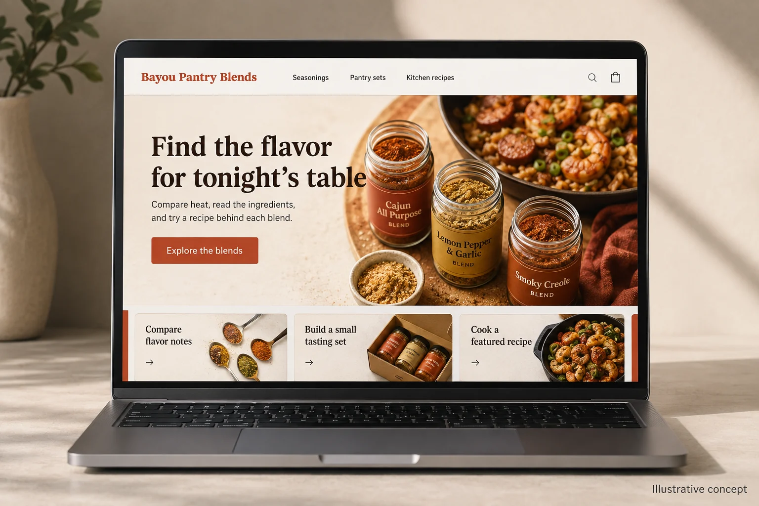 Louisiana website concept for Bayou Pantry Blends: Find the flavor for tonight’s table