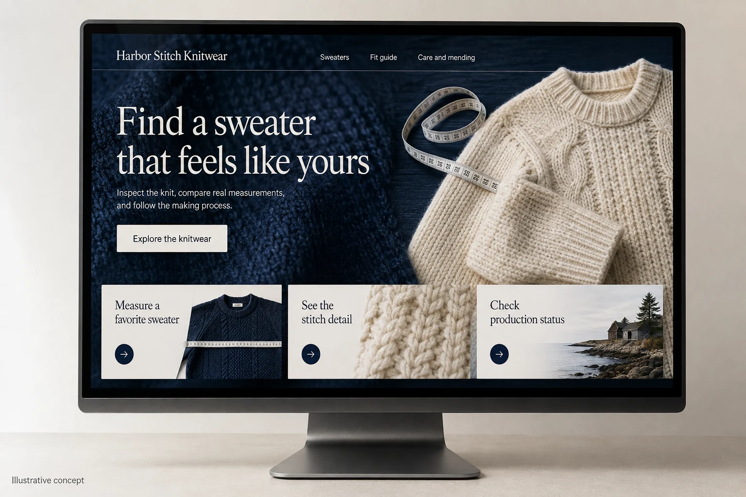 Maine website concept for Harbor Stitch Knitwear: Find a sweater that feels like yours