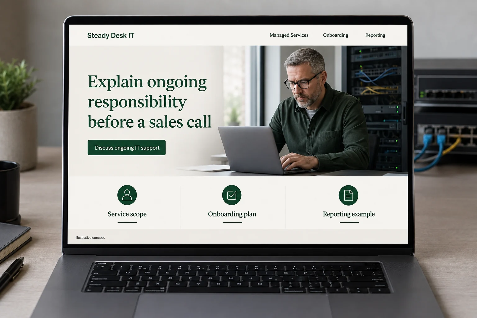 Managed IT Providers website concept for Steady Desk IT: Explain ongoing responsibility before a sales call