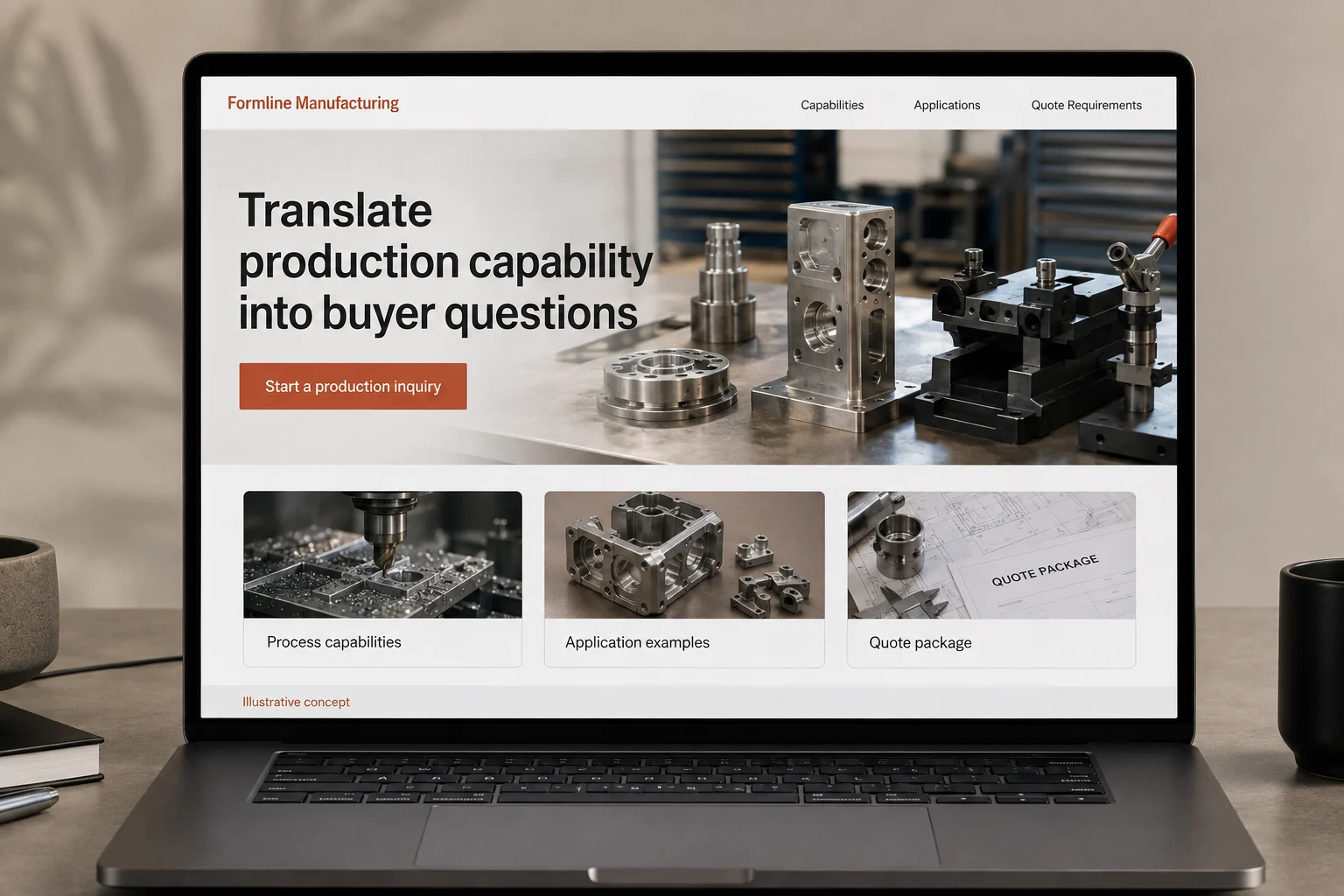 Manufacturers website concept for Formline Manufacturing: Translate production capability into buyer questions