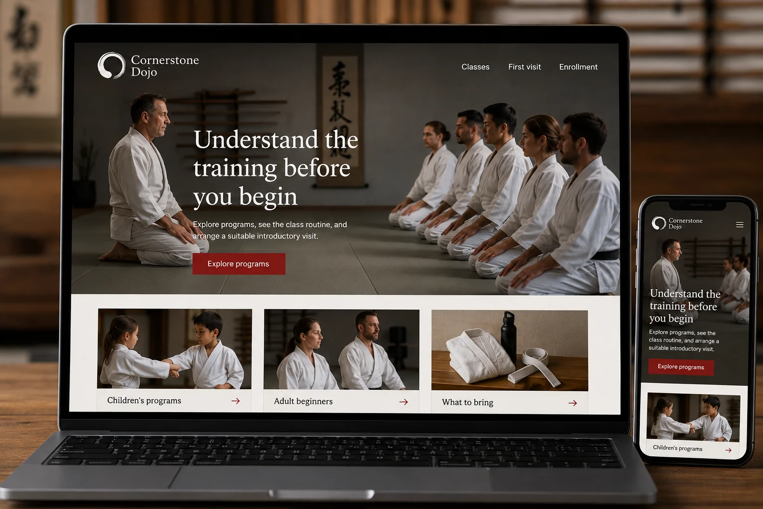 Martial Arts Schools website concept for Cornerstone Dojo: Understand the training before you begin