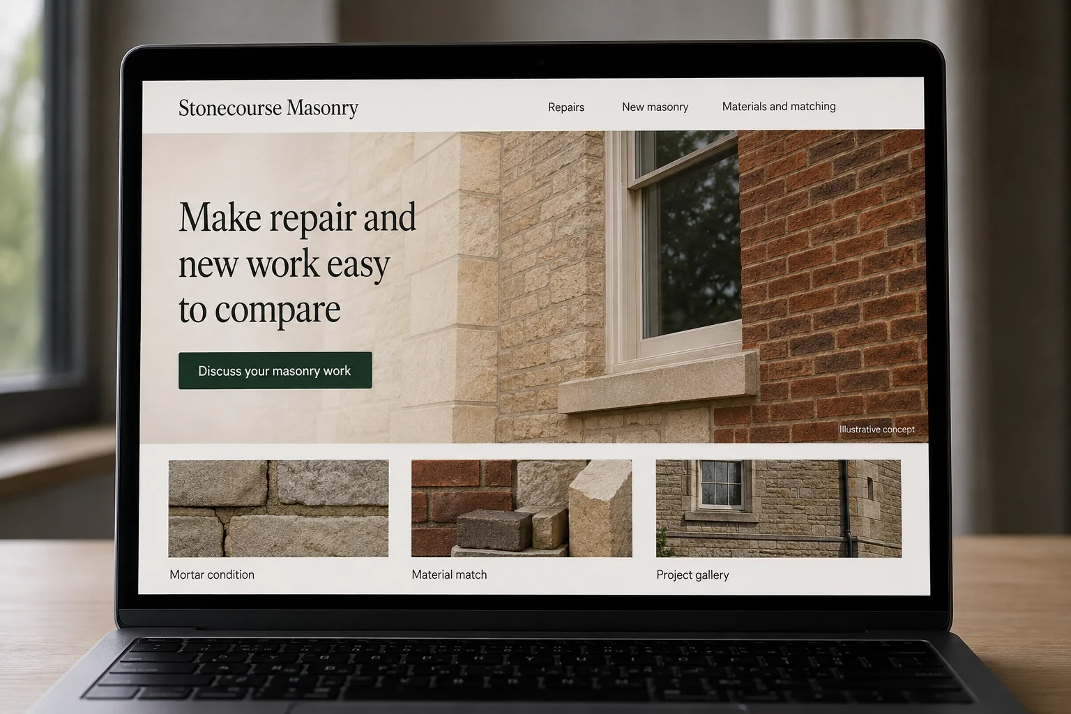 Masonry website concept for Stonecourse Masonry: Make repair and new work easy to compare