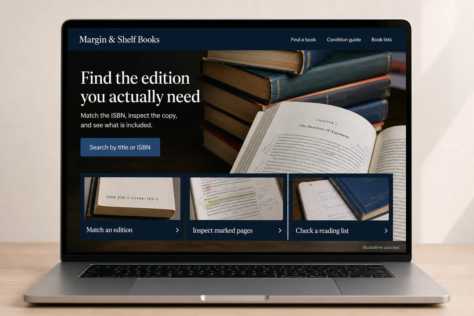 Massachusetts website concept for Margin & Shelf Books: Find the edition you actually need