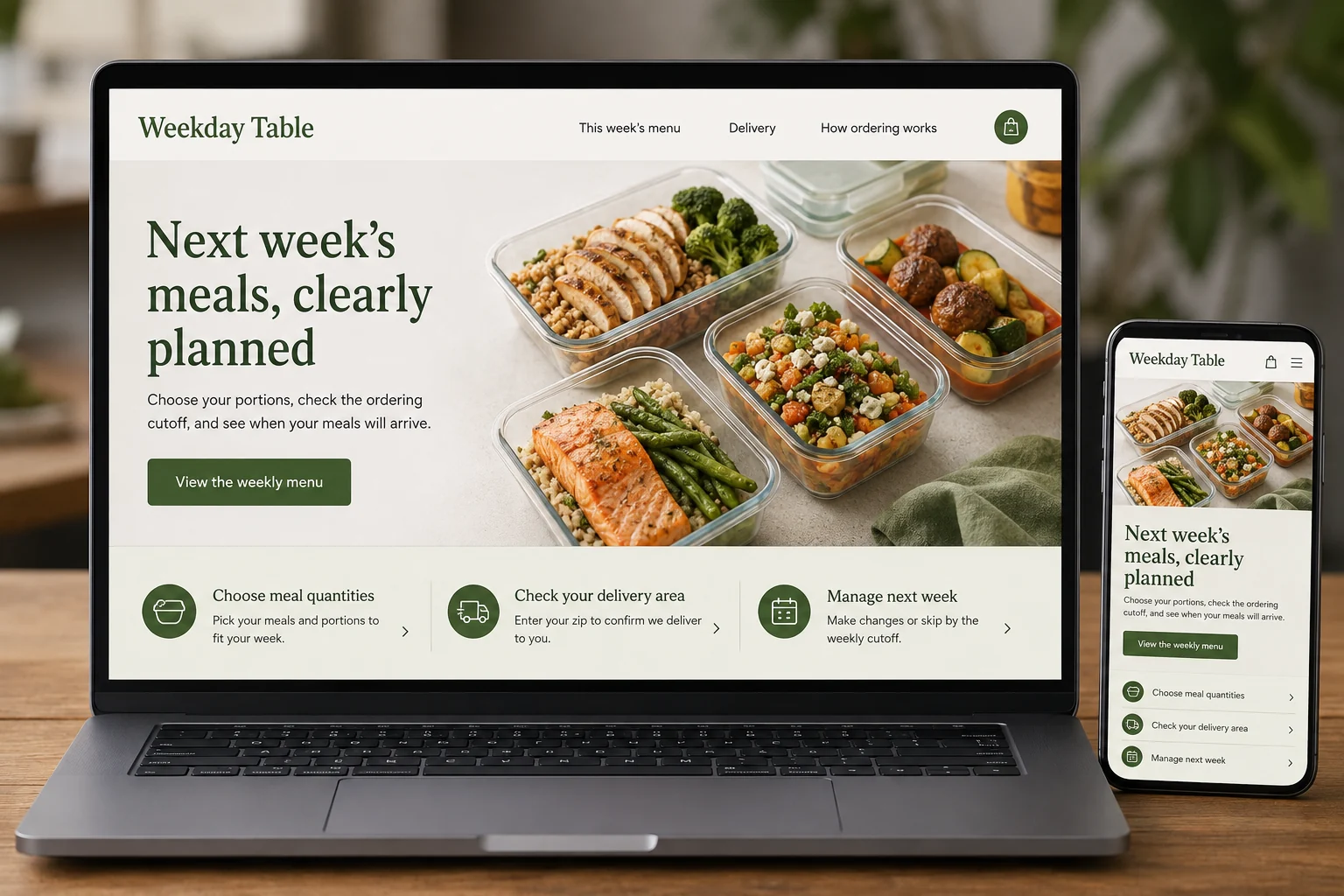 Meal Prep Services website concept for Weekday Table: Next week's meals, clearly planned
