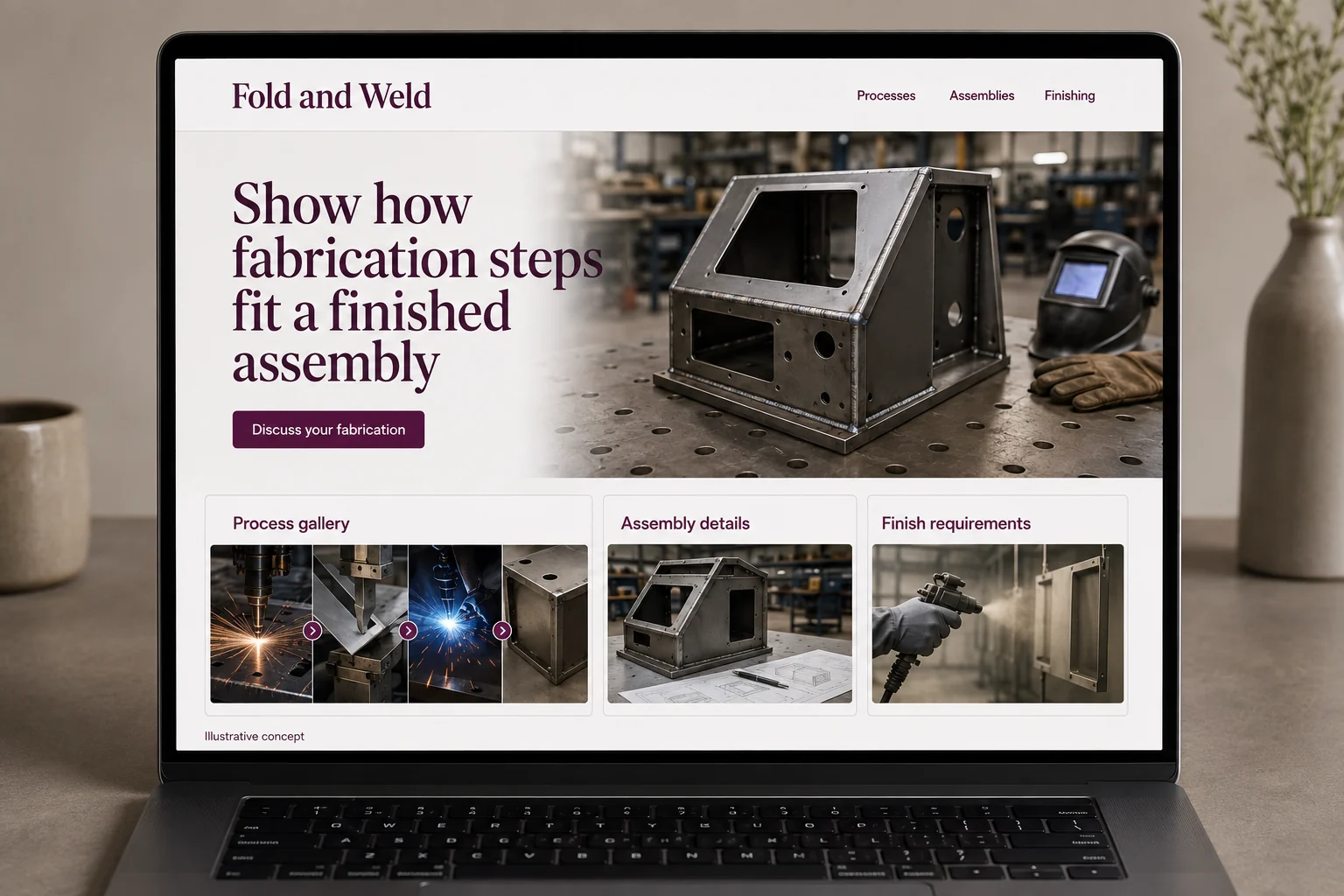 Metal Fabrication website concept for Fold and Weld: Show how fabrication steps fit a finished assembly