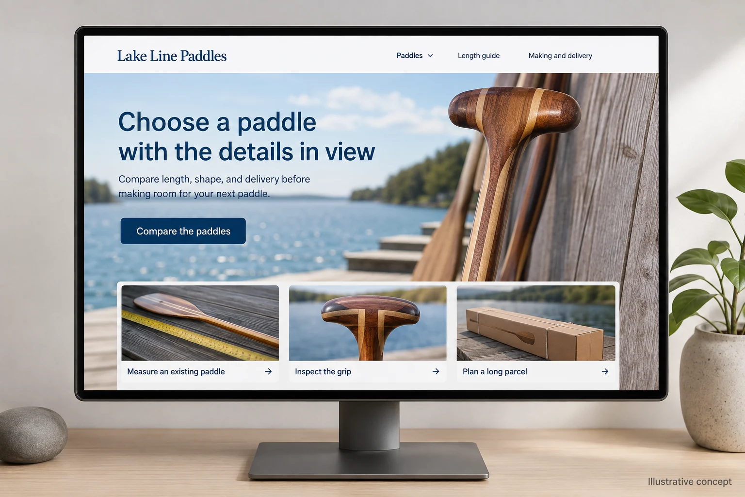 Michigan website concept for Lake Line Paddles: Choose a paddle with the details in view