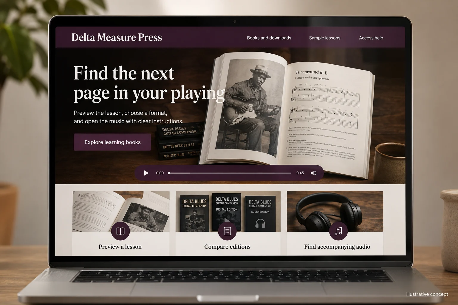 Mississippi website concept for Delta Measure Press: Find the next page in your playing