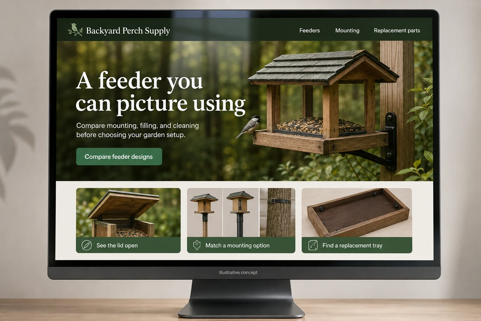 Missouri website concept for Backyard Perch Supply: A feeder you can picture using