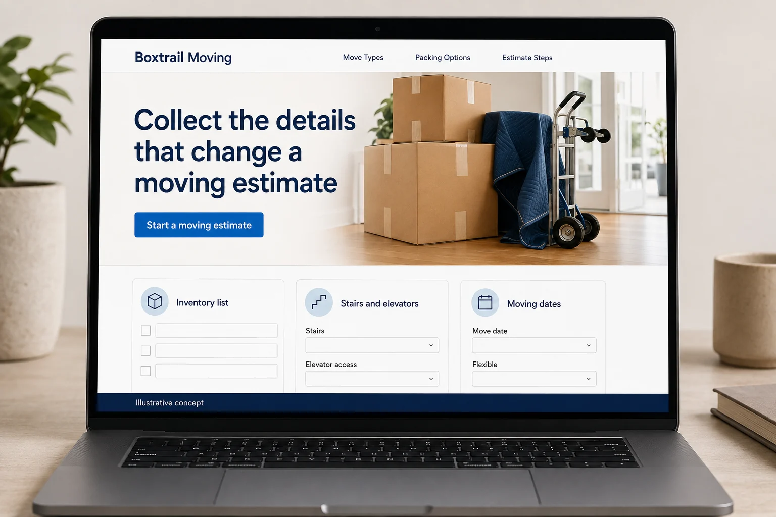 Moving Companies website concept for Boxtrail Moving: Collect the details that change a moving estimate