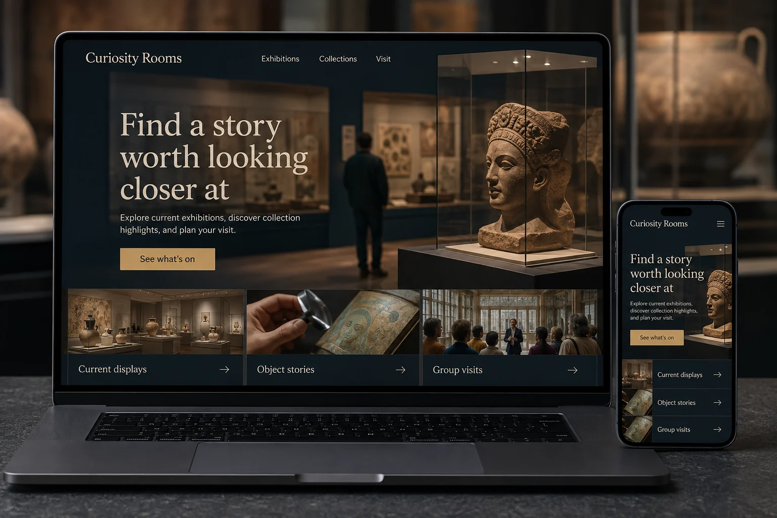 Museums website concept for Curiosity Rooms: Find a story worth looking closer at