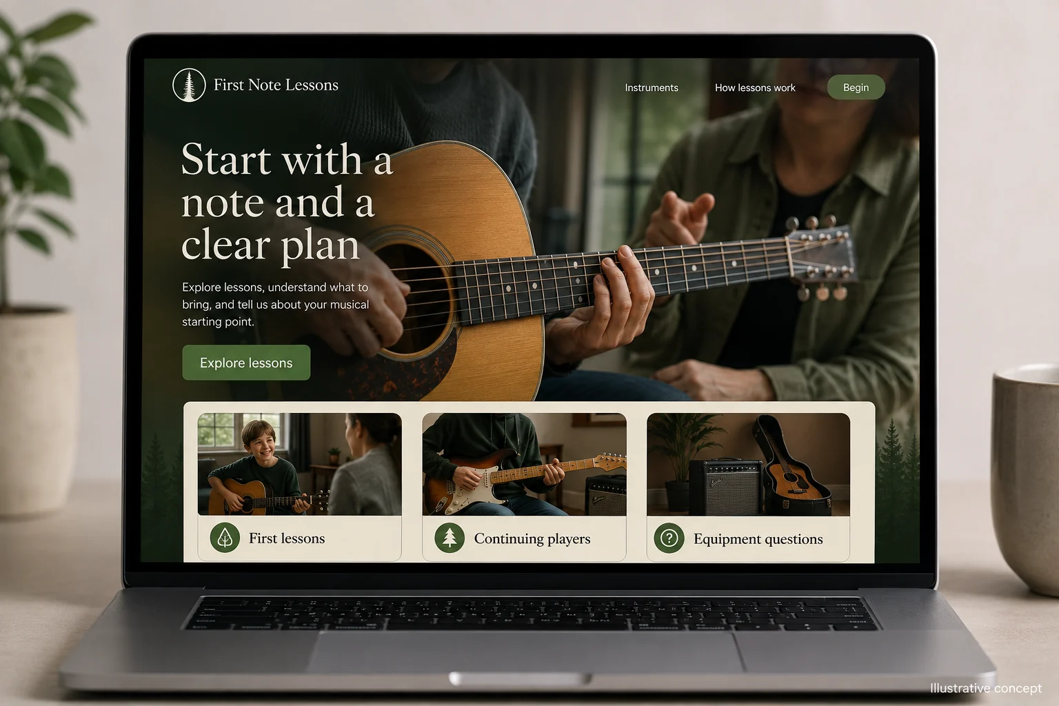 Music Teachers website concept for First Note Lessons: Start with a note and a clear plan