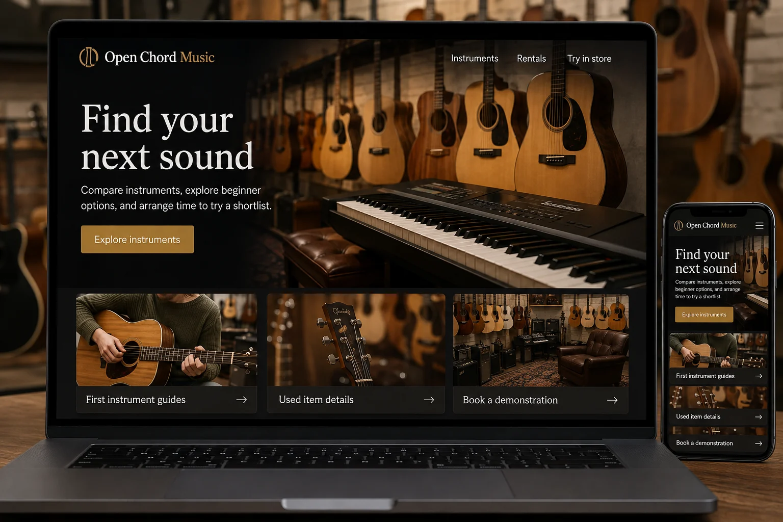 Musical Instrument Stores website concept for Open Chord Music: Find your next sound