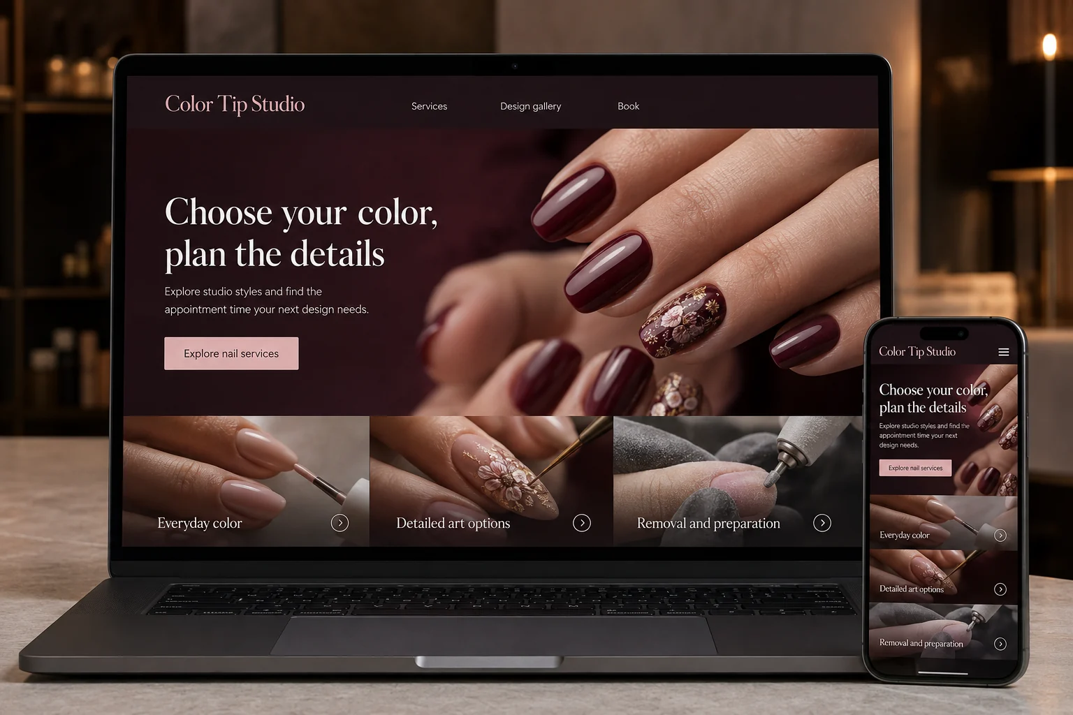 Nail Studios website concept for Color Tip Studio: Choose your color, plan the details