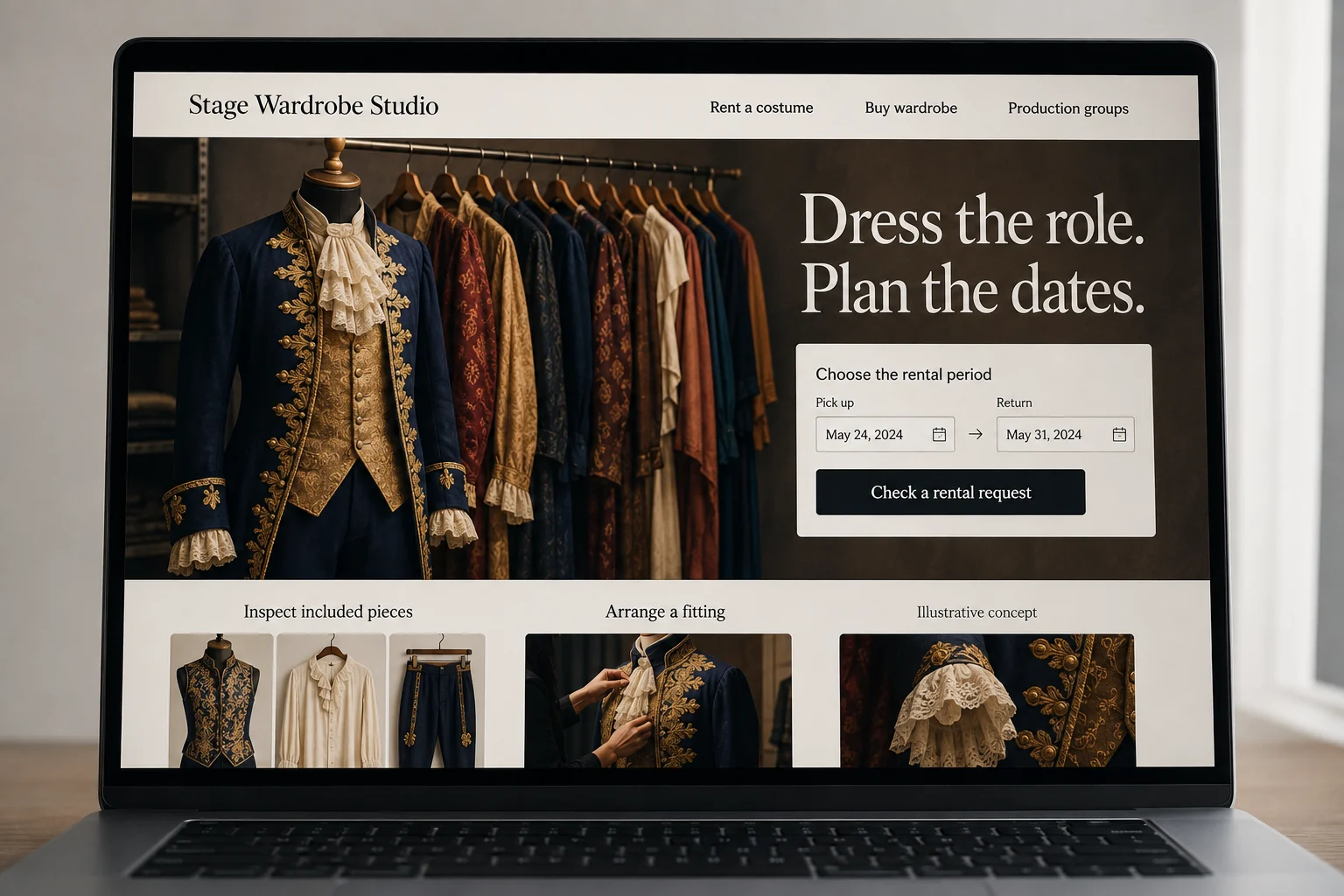 Nevada website concept for Stage Wardrobe Studio: Dress the role. Plan the dates.
