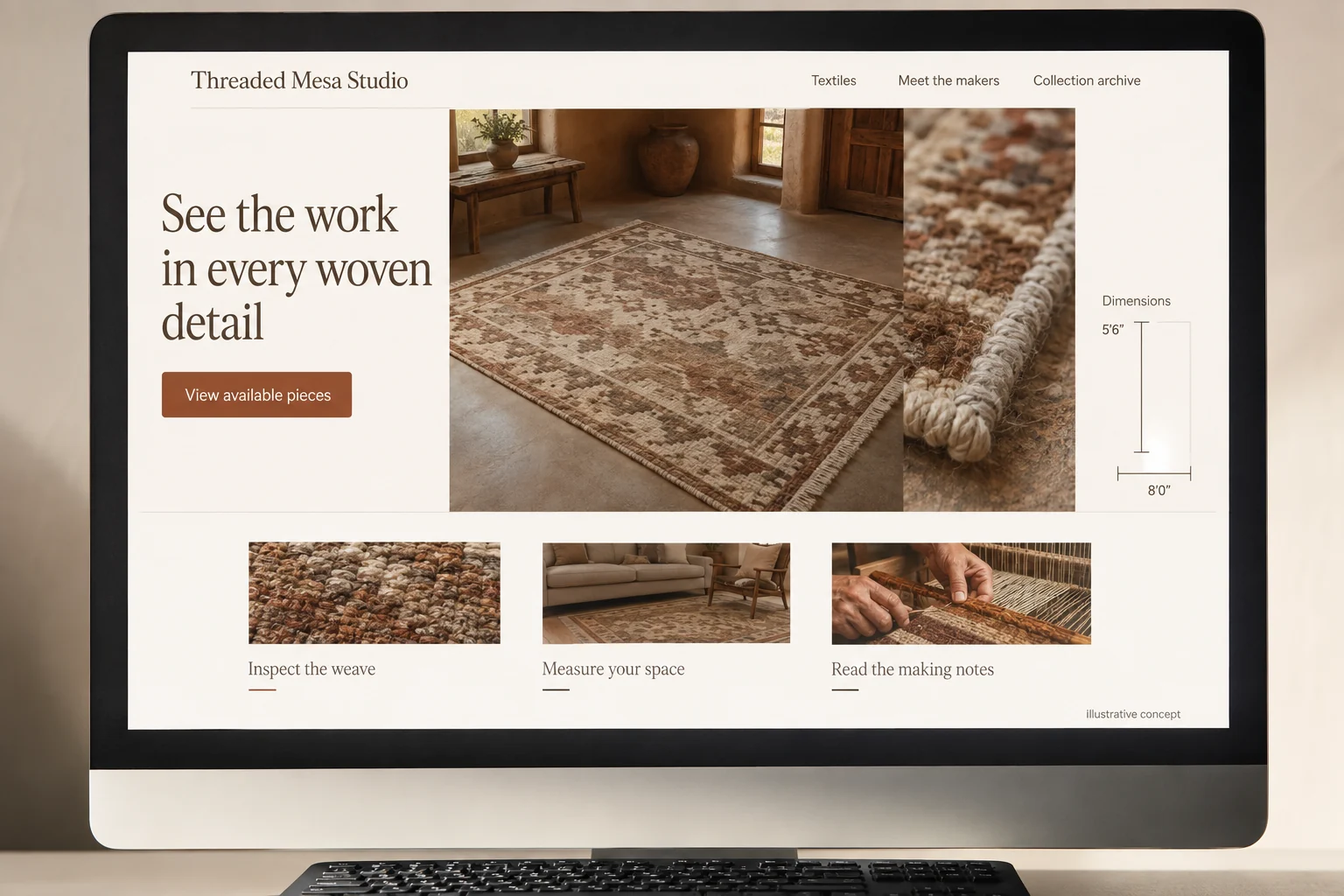 New Mexico website concept for Threaded Mesa Studio: See the work in every woven detail