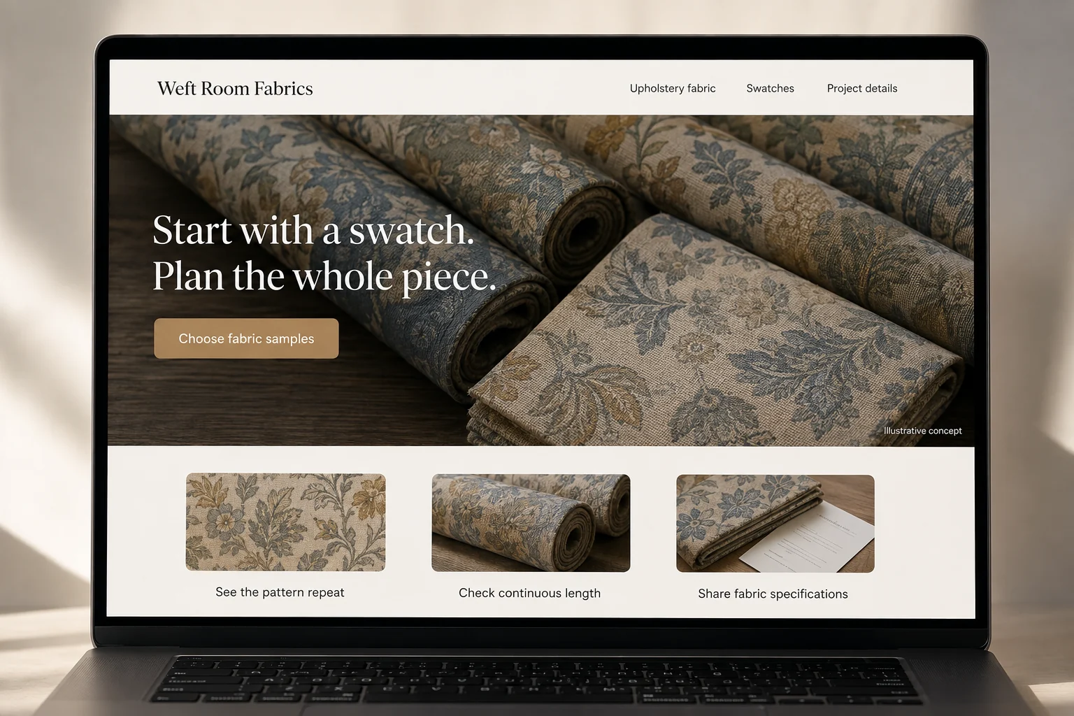 North Carolina website concept for Weft Room Fabrics: Start with a swatch. Plan the whole piece.