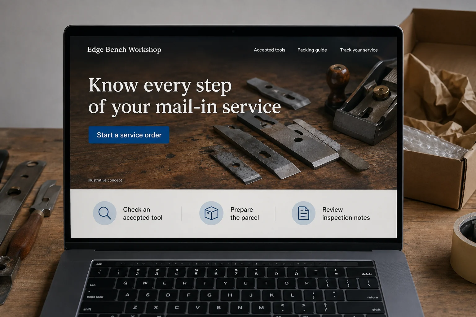 Ohio website concept for Edge Bench Workshop: Know every step of your mail-in service