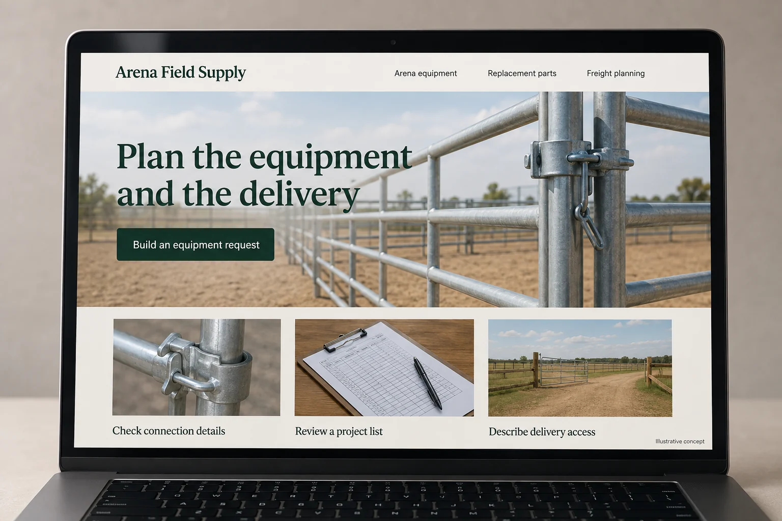 Oklahoma website concept for Arena Field Supply: Plan the equipment and the delivery