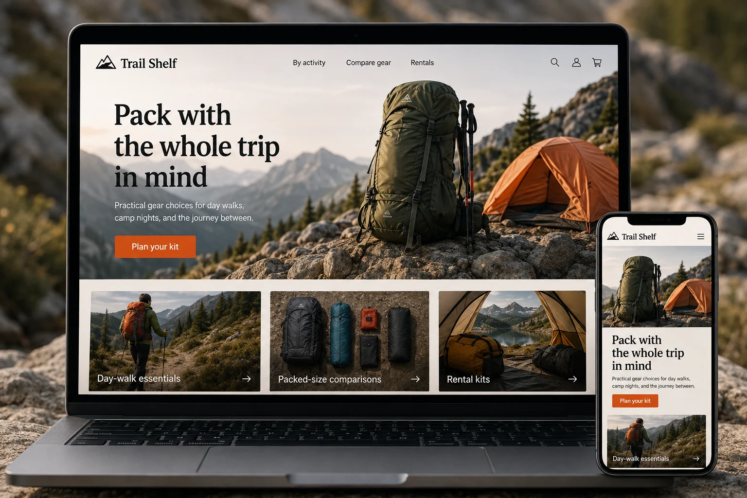 Outdoor Gear Stores website concept for Trail Shelf: Pack with the whole trip in mind