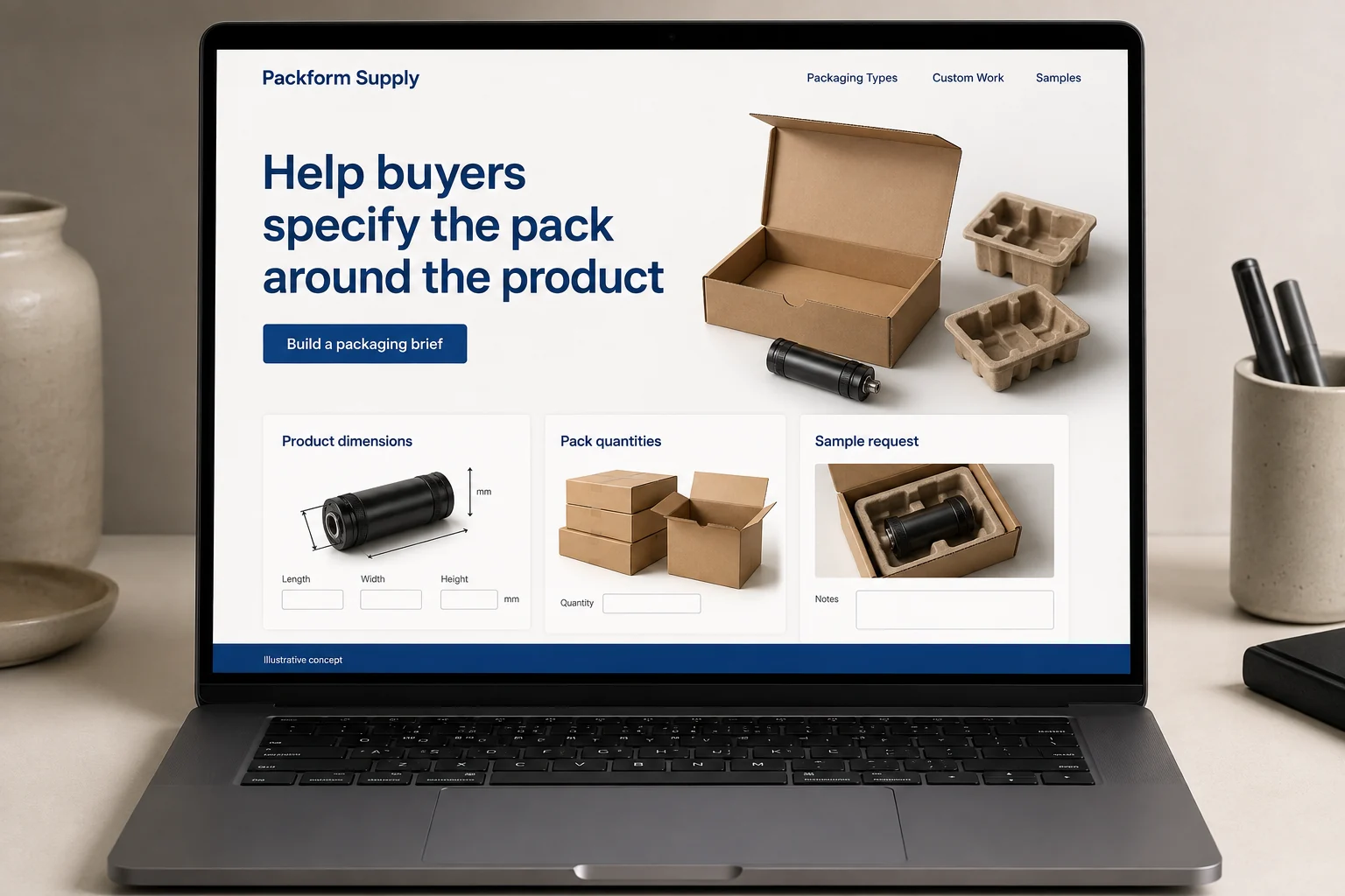 Packaging Suppliers website concept for Packform Supply: Help buyers specify the pack around the product